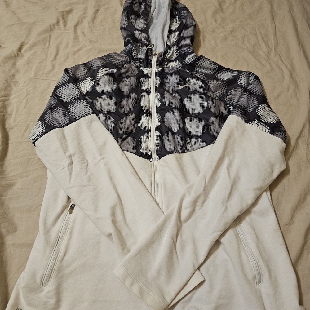 Nike Running Jacket Women's Size L White Gray Dri-Fit Full Zip Hooded Pockets